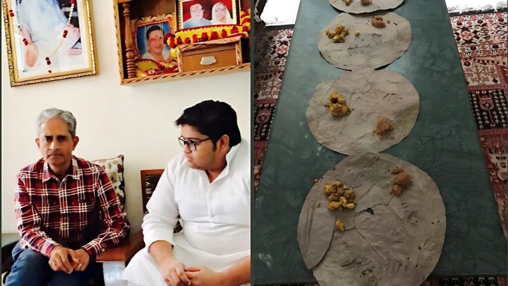 Sekhar with the priest at his home, and pictures of the priestly family & traditional food 